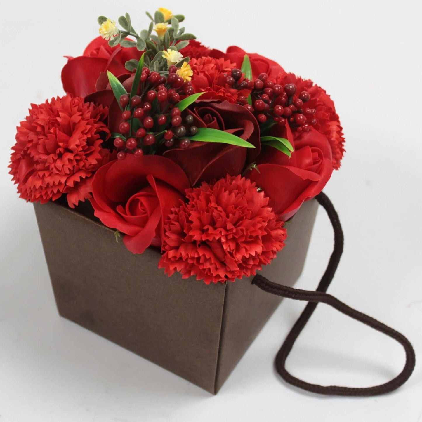 Luxury Soap Flower Bouquet in brown box with red roses and carnations, perfect for gifts and romantic occasions.