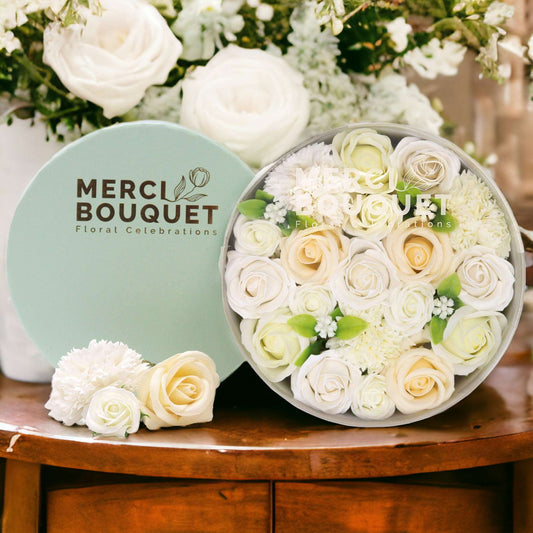 Soap Flower Round Box - Wedding Blessings - White & Ivory