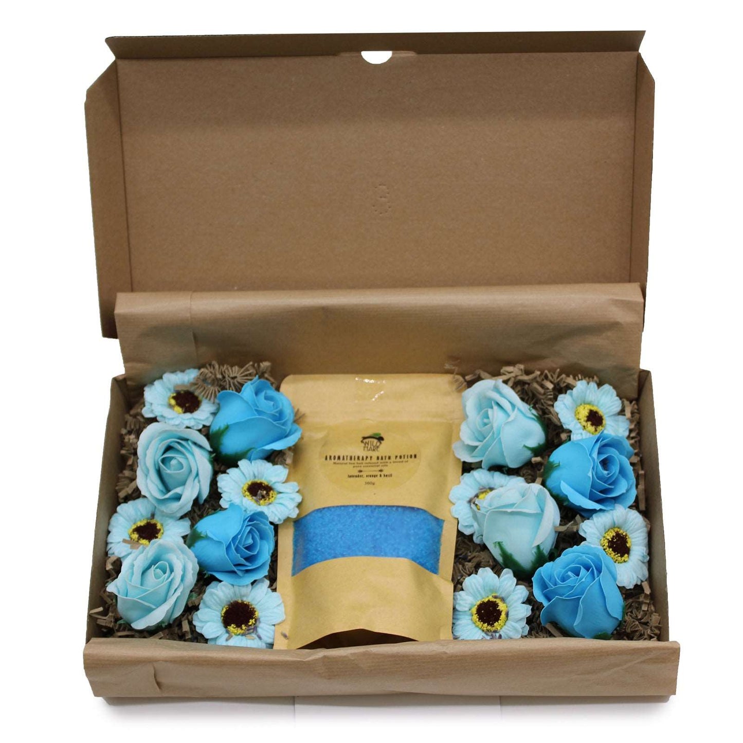 Wild Hare Total Unwind bath salt and soap set in gift box with blue soap roses and sunflowers.