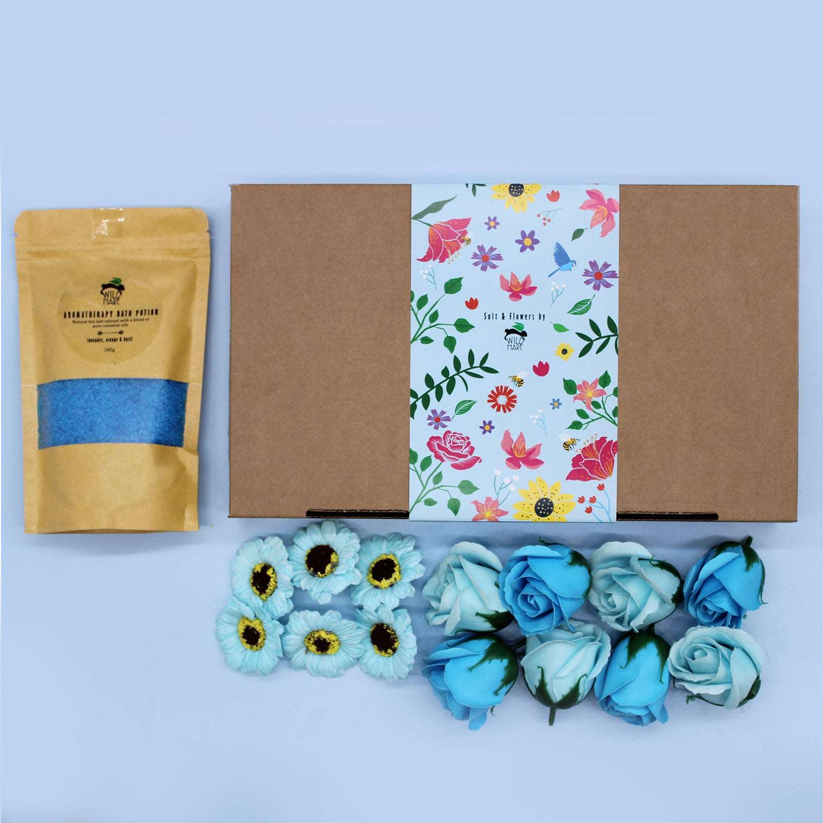 Wild Hare Salt & Flower Set - Total Unwind with bath salts, soap roses, and soap sunflowers for a luxurious bathing experience.