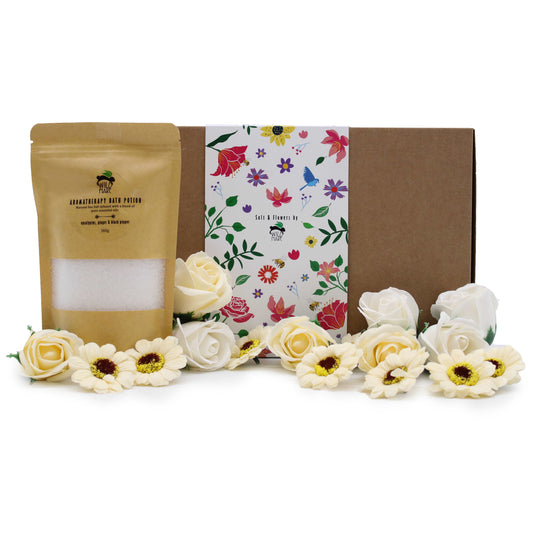 Wild Hare Cold & Flu Set - Bath salt with eucalyptus, ginger, black pepper, and soap flowers for flu and cold relaxation therapy.