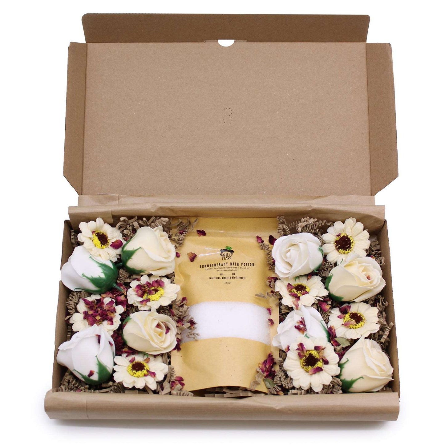 Wild Hare Salt & Flower - Cold & Flu Set with bath salt and soap flowers for flu and cold relaxation therapy in an open box.